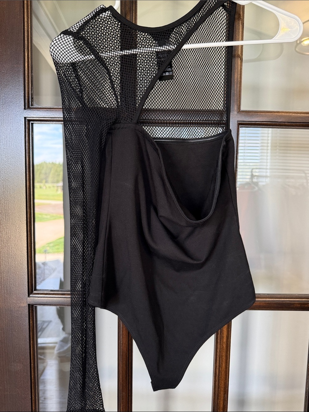 NWOT h:ours Black One-Shoulder Mesh Sleeve Bodysuit - Picture 6 of 8